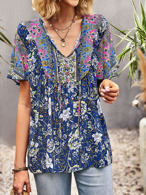 Blue Zone Planet |  V Neck Short Sleeve Printed Short Sleeve Shirt BLUE ZONE PLANET