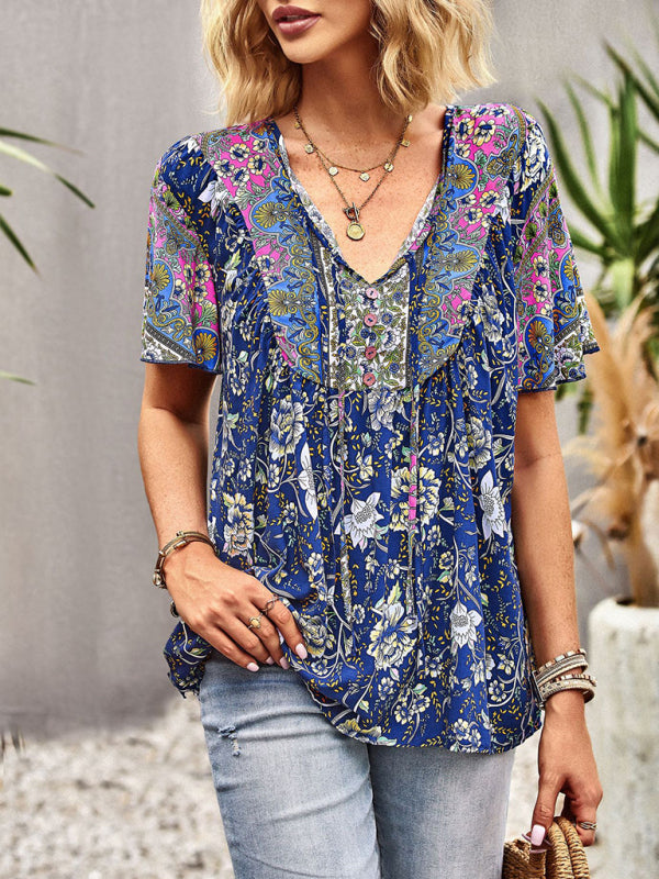 Blue Zone Planet |  V Neck Short Sleeve Printed Short Sleeve Shirt BLUE ZONE PLANET