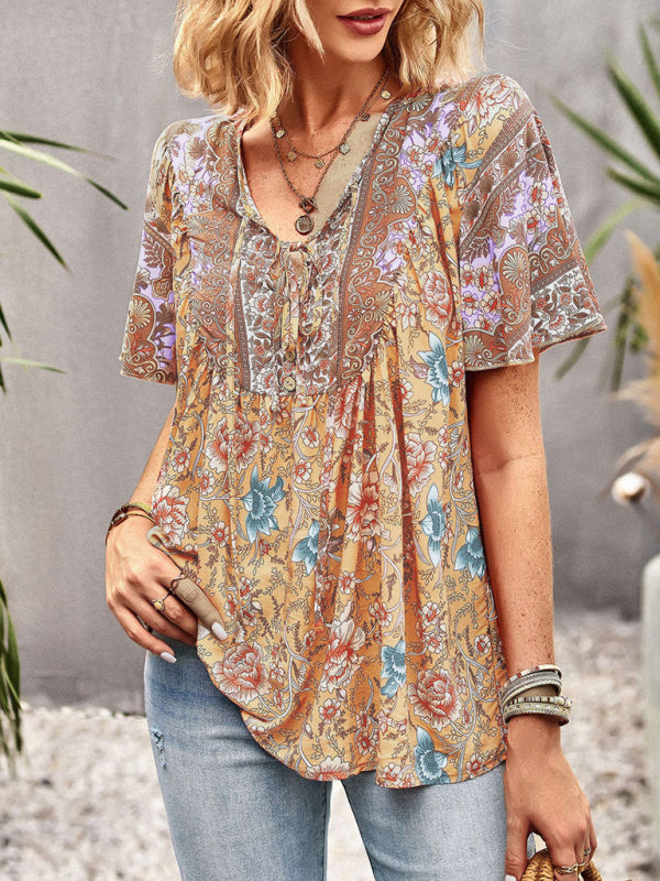 Blue Zone Planet |  V Neck Short Sleeve Printed Short Sleeve Shirt BLUE ZONE PLANET