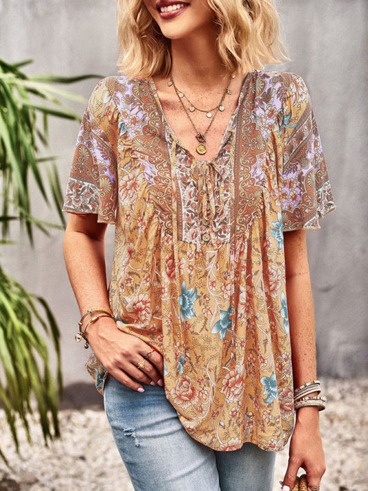 Blue Zone Planet |  V Neck Short Sleeve Printed Short Sleeve Shirt BLUE ZONE PLANET