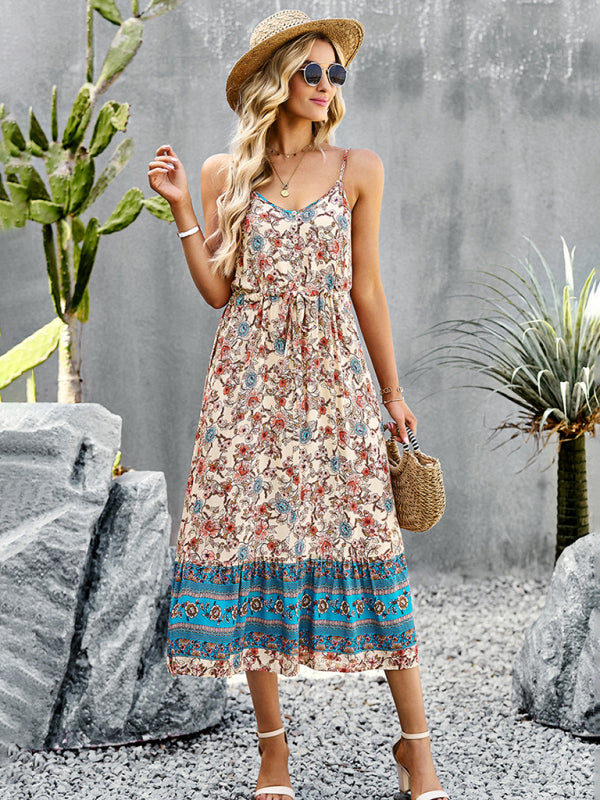 Blue Zone Planet |  bohemian vacation style slit spaghetti strap dress BLUE ZONE PLANET
