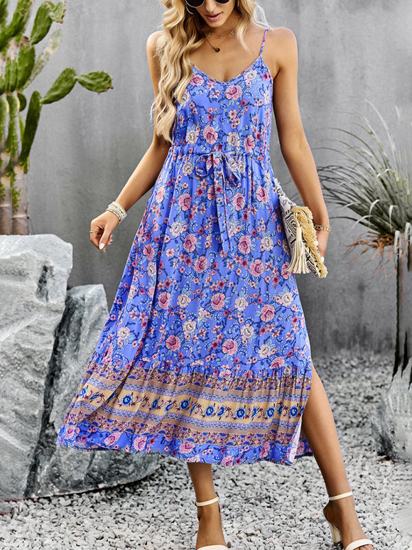 Blue Zone Planet |  bohemian vacation style slit spaghetti strap dress BLUE ZONE PLANET