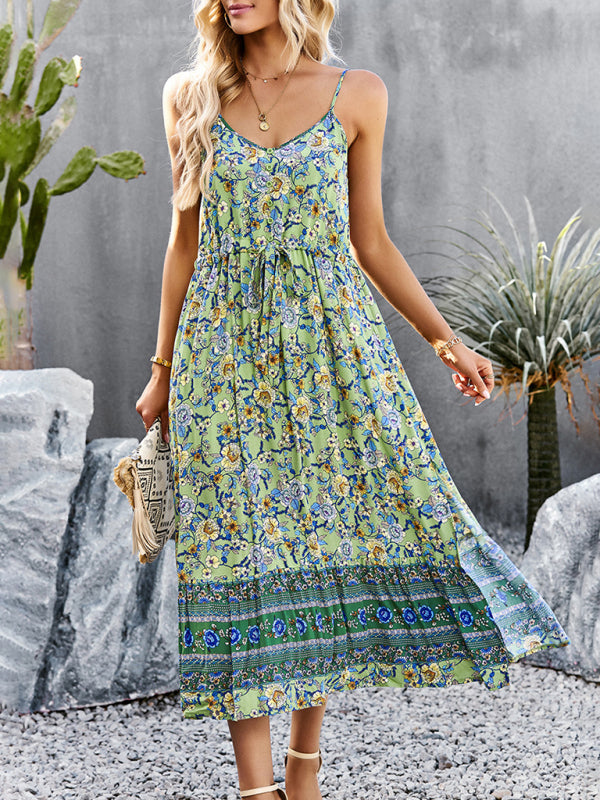 Blue Zone Planet |  bohemian vacation style slit spaghetti strap dress BLUE ZONE PLANET