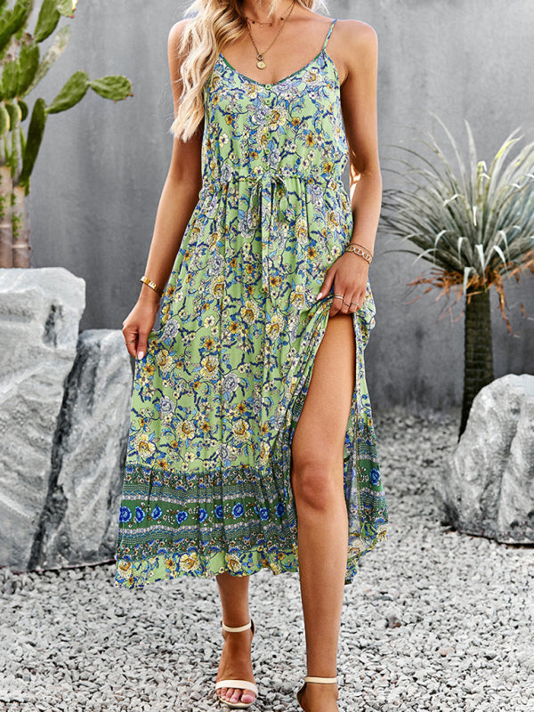 Blue Zone Planet |  bohemian vacation style slit spaghetti strap dress BLUE ZONE PLANET