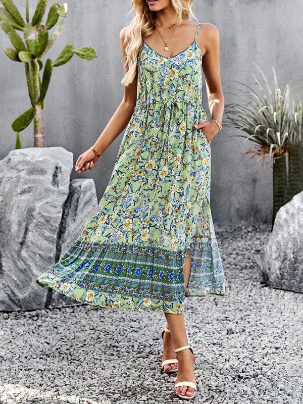 Blue Zone Planet |  bohemian vacation style slit spaghetti strap dress BLUE ZONE PLANET