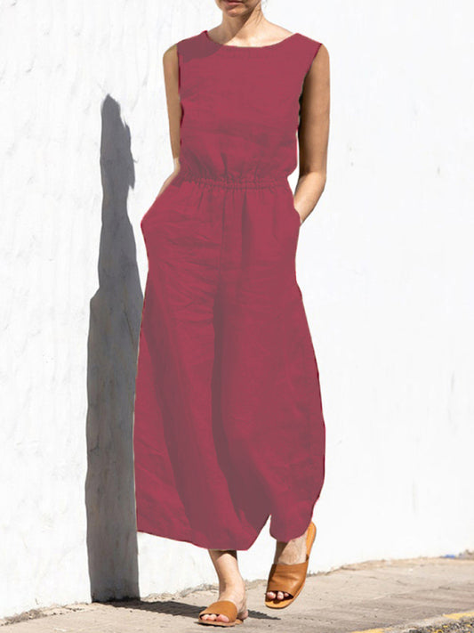 Solid color high waist sleeveless trousers fashion loose-fitting jumpsuit BLUE ZONE PLANET
