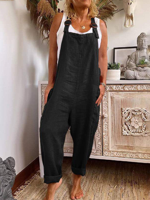 Wide-leg jumpsuit adjustable buckle cotton and linen pocket overalls kakaclo