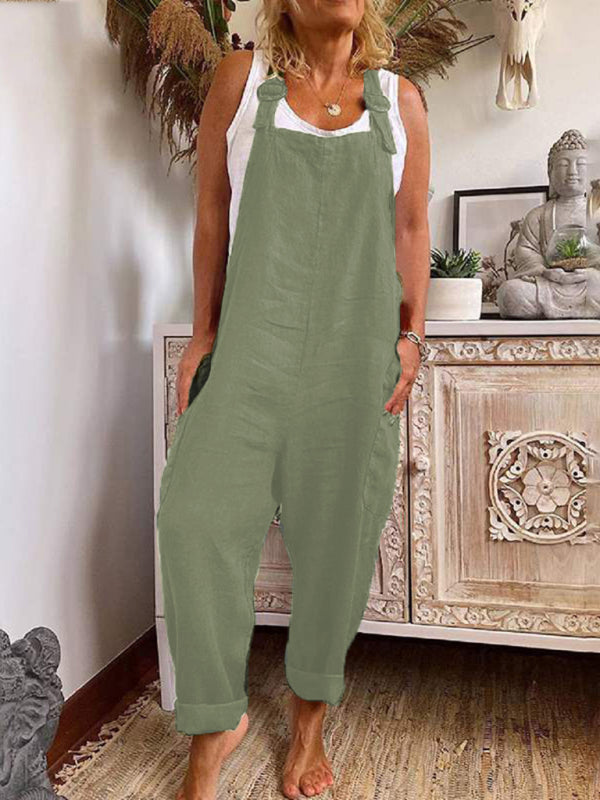 Wide-leg jumpsuit adjustable buckle cotton and linen pocket overalls kakaclo