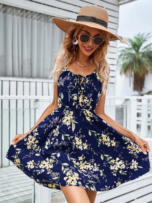 Summer Elegant Sleeveless Dress Pullover Print Elastic Waist Spaghetti Strap Skirt kakaclo