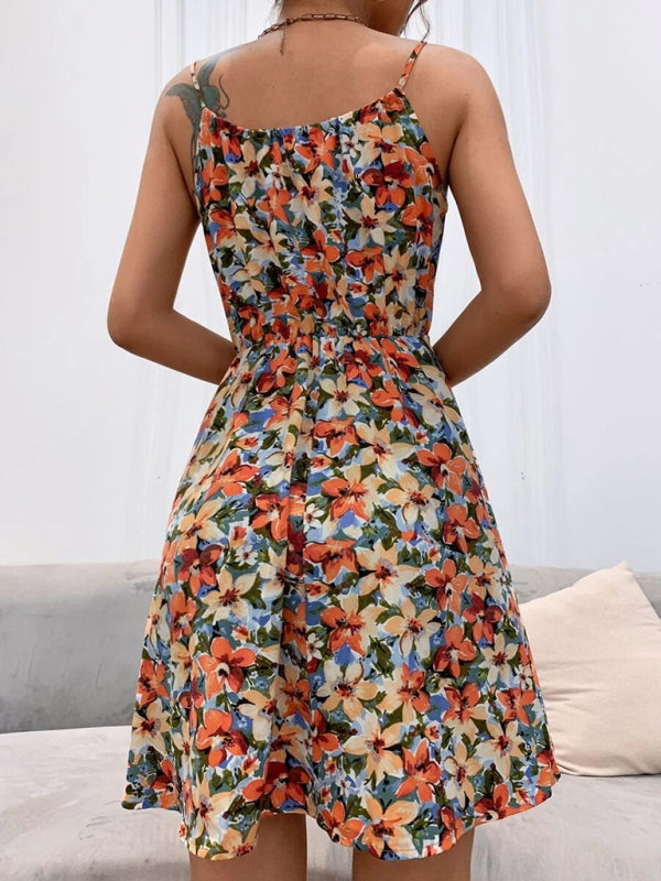 Summer New Elegant Sleeveless Dress Pullover Print Elastic Waist Spaghetti Strap Skirt-[Adult]-[Female]-2022 Online Blue Zone Planet