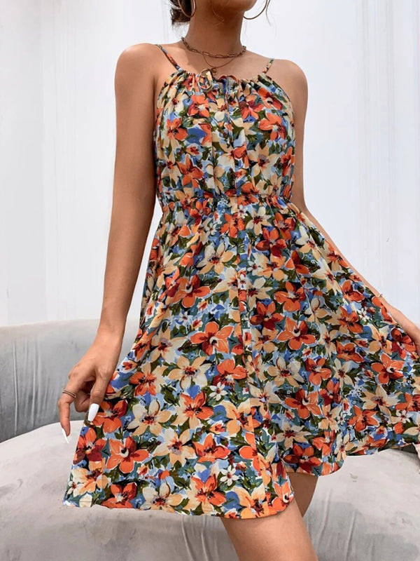 Summer New Elegant Sleeveless Dress Pullover Print Elastic Waist Spaghetti Strap Skirt-[Adult]-[Female]-2022 Online Blue Zone Planet