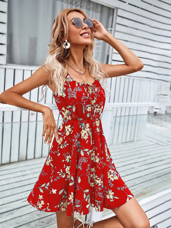 Summer Elegant Sleeveless Dress Pullover Print Elastic Waist Spaghetti Strap Skirt kakaclo