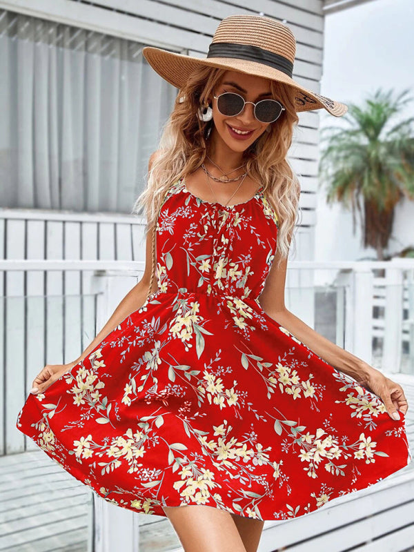 Summer Elegant Sleeveless Dress Pullover Print Elastic Waist Spaghetti Strap Skirt kakaclo