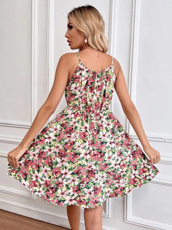 Summer Elegant Sleeveless Dress Pullover Print Elastic Waist Spaghetti Strap Skirt kakaclo