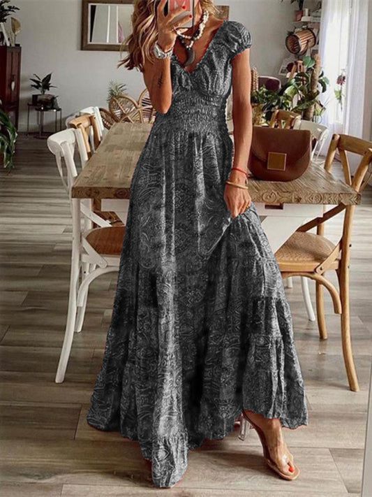 Bohemian style one-piece long dress waist floral print large swing dress kakaclo