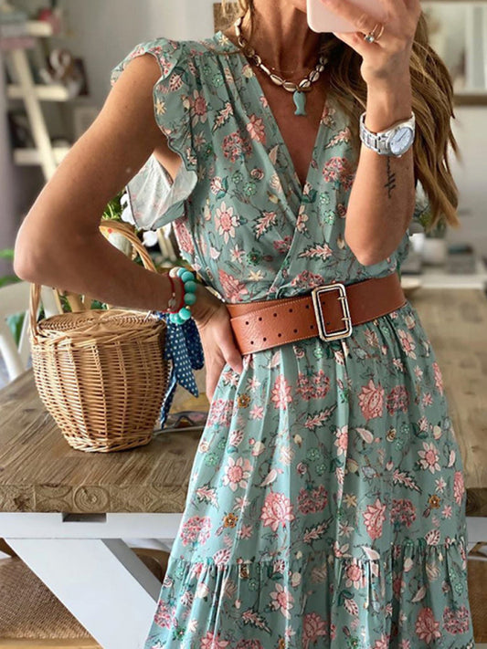 Spring and summer fashion high-end printed skirt V-neck dress kakaclo