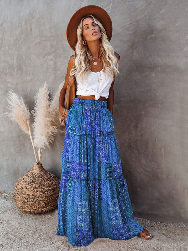 Blue Zone Planet |  New Bohemian style skirt European and American loose casual high waist long skirt BLUE ZONE PLANET