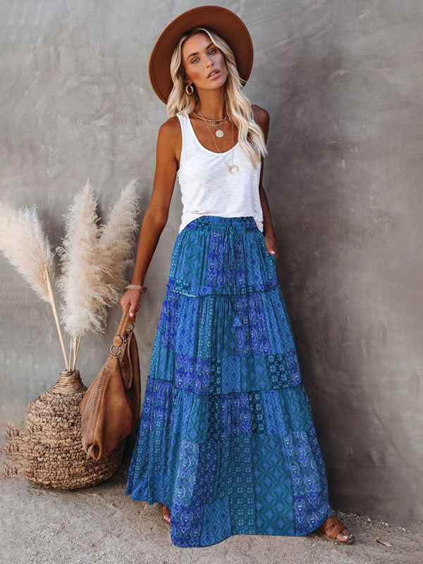 Blue Zone Planet |  New Bohemian style skirt European and American loose casual high waist long skirt BLUE ZONE PLANET