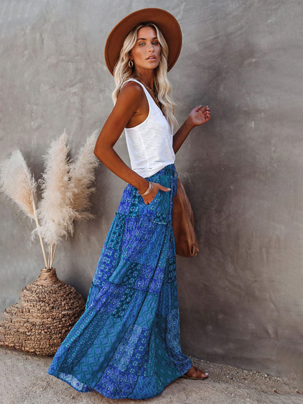 Blue Zone Planet |  New Bohemian style skirt European and American loose casual high waist long skirt BLUE ZONE PLANET