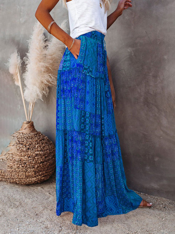 Blue Zone Planet |  New Bohemian style skirt European and American loose casual high waist long skirt BLUE ZONE PLANET