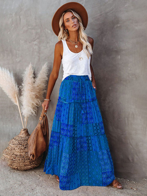 Blue Zone Planet |  New Bohemian style skirt European and American loose casual high waist long skirt BLUE ZONE PLANET