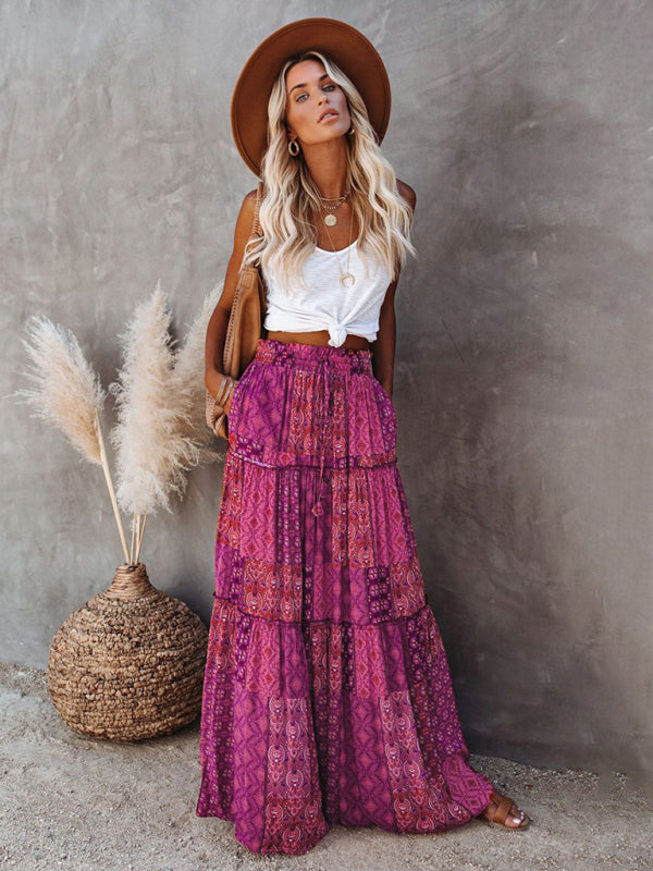 Blue Zone Planet |  New Bohemian style skirt European and American loose casual high waist long skirt BLUE ZONE PLANET