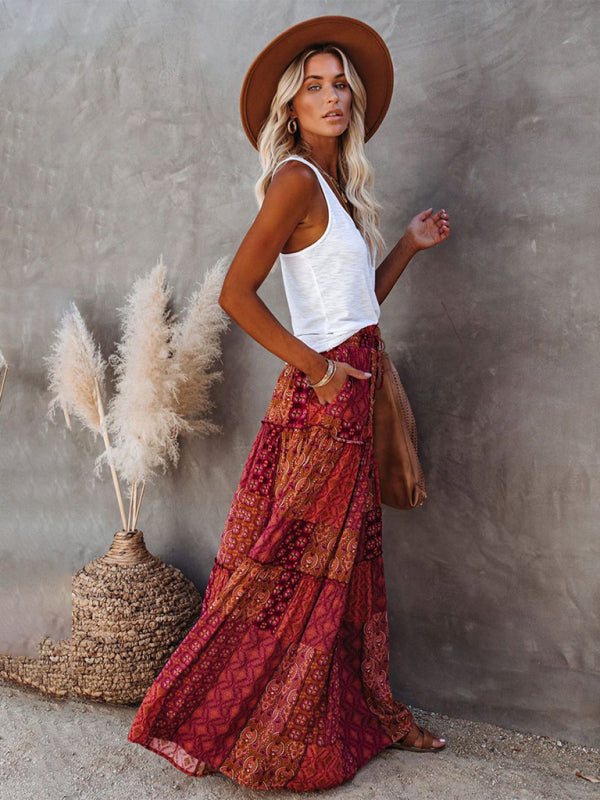 Blue Zone Planet |  New Bohemian style skirt European and American loose casual high waist long skirt BLUE ZONE PLANET