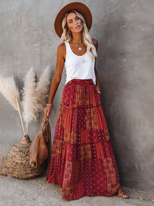 Blue Zone Planet |  New Bohemian style skirt European and American loose casual high waist long skirt BLUE ZONE PLANET