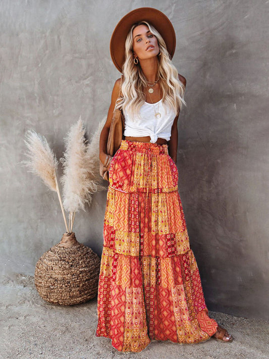 Blue Zone Planet |  New Bohemian style skirt European and American loose casual high waist long skirt BLUE ZONE PLANET