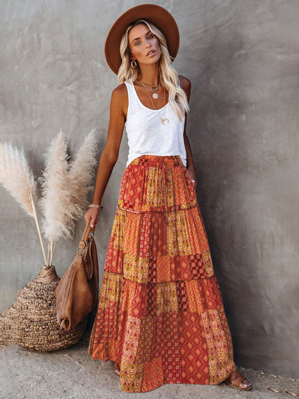 Blue Zone Planet |  New Bohemian style skirt European and American loose casual high waist long skirt BLUE ZONE PLANET