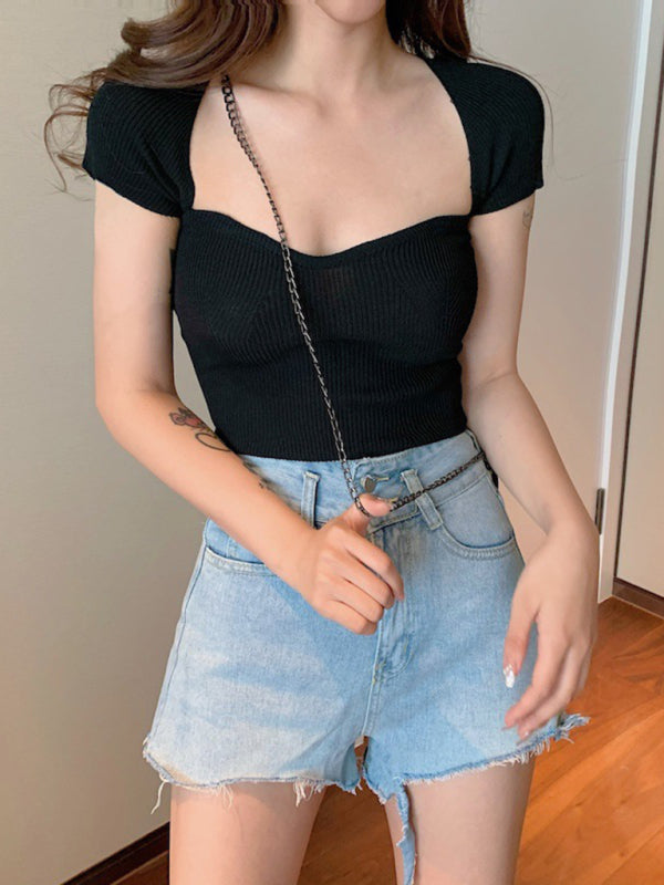 Blue Zone Planet | generous square collar solid color short top slim fit thin short-sleeved sweater summer kakaclo