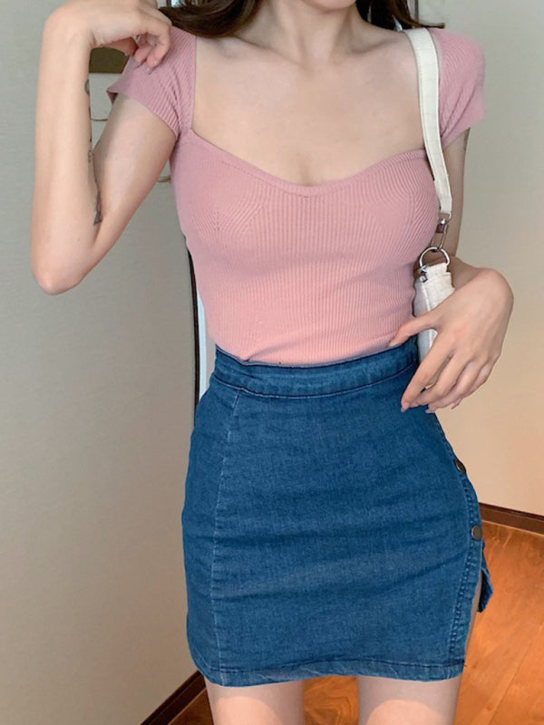 Blue Zone Planet | generous square collar solid color short top slim fit thin short-sleeved sweater summer kakaclo