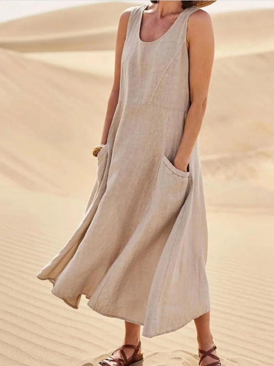 Solid Color Pocket Sleeveless Round Neck Cotton Linen Dress kakaclo