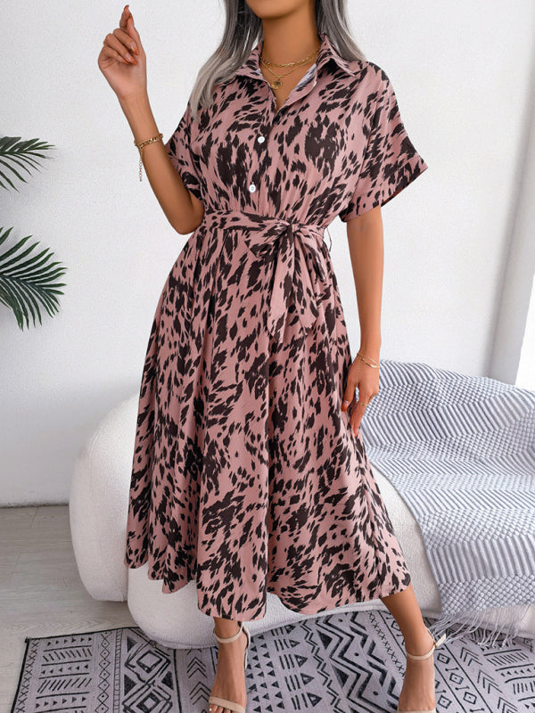 Women's Woven Loose Leopard Print Tie Short Sleeve Shirt Dress kakaclo