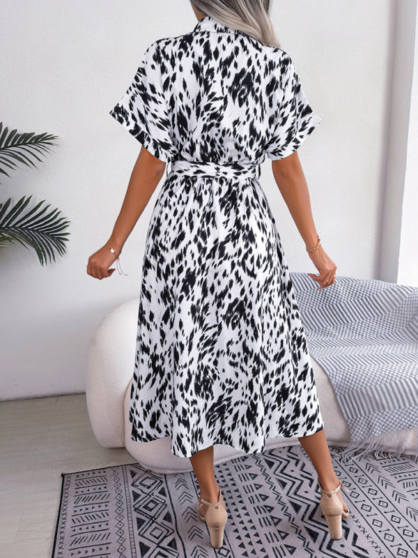 Women's Woven Loose Leopard Print Tie Short Sleeve Shirt Dress kakaclo
