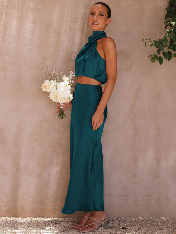 Women's bib top drape skirt elegant two-piece set BLUE ZONE PLANET