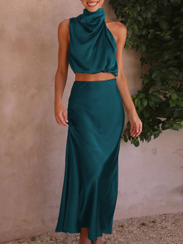Women's bib top drape skirt elegant two-piece set BLUE ZONE PLANET