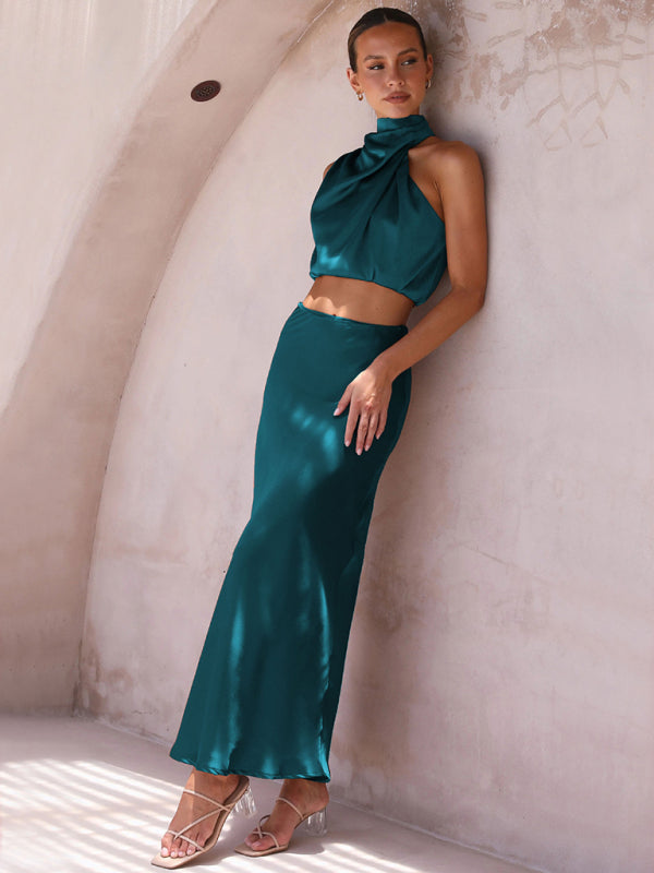 Women's bib top drape skirt elegant two-piece set BLUE ZONE PLANET