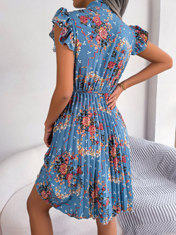 Blue Zone Planet |  Sophia's Elegant Floral Print Tie Waist Swing Pleated A-Line Dress BLUE ZONE PLANET