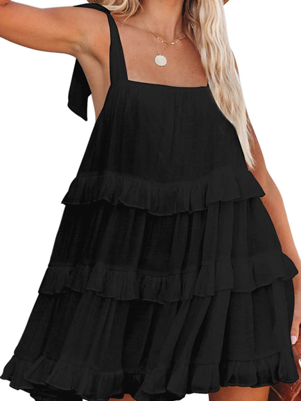 Solid Color Ruffled Strappy Strap Dress BLUE ZONE PLANET