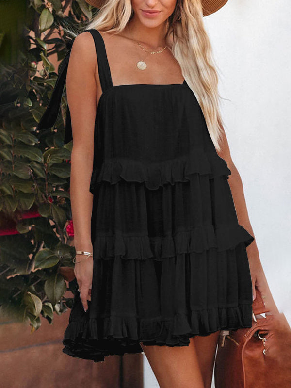 Solid Color Ruffled Strappy Strap Dress BLUE ZONE PLANET