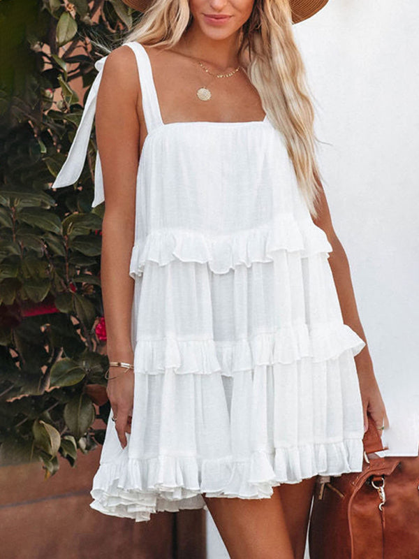 Solid Color Ruffled Strappy Strap Dress BLUE ZONE PLANET
