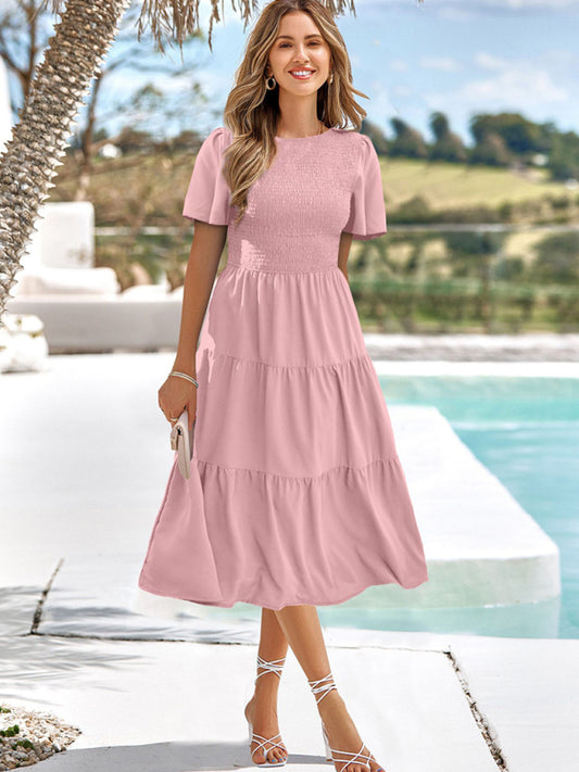 Solid Color Round Neck Pleated Resort Dress kakaclo