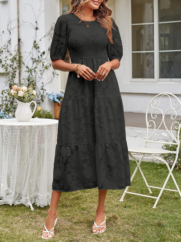 Women's Solid Color Jacquard Chiffon Round Neck Pleated Dress kakaclo