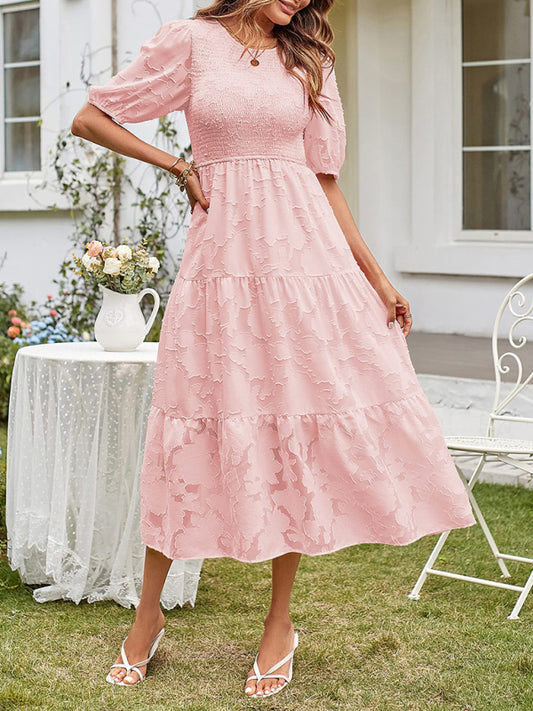 Women's Solid Color Jacquard Chiffon Round Neck Pleated Dress kakaclo