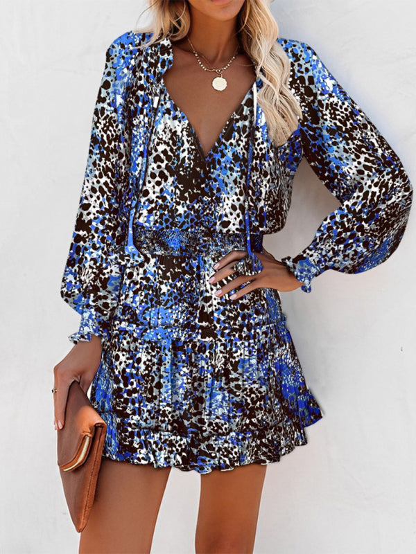 Blue Zone Planet |  Long Sleeve V Neck Printed Waist Dress BLUE ZONE PLANET