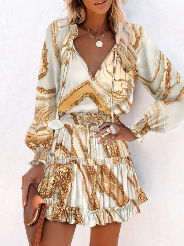 Blue Zone Planet |  Long Sleeve V Neck Printed Waist Dress BLUE ZONE PLANET