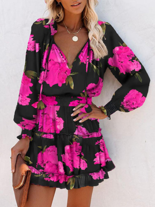 Blue Zone Planet |  Long Sleeve V Neck Printed Waist Dress BLUE ZONE PLANET