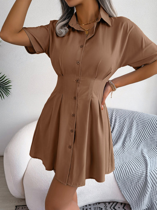 solid color waist press folded short-sleeved shirt dress kakaclo