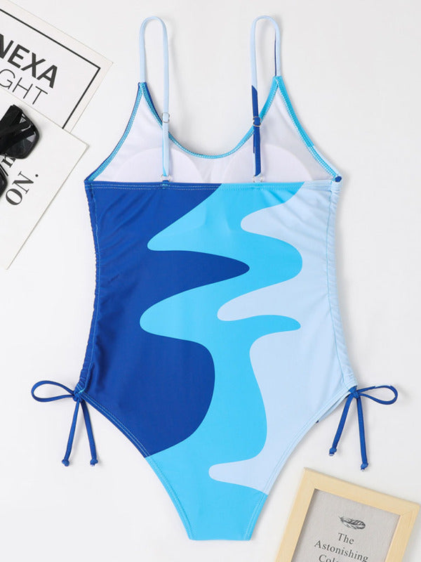 Blue Zone Planet |  New One-Piece Swimsuit Multicolor Stitching Drawstring Corrugated Ladies Swimsuit kakaclo